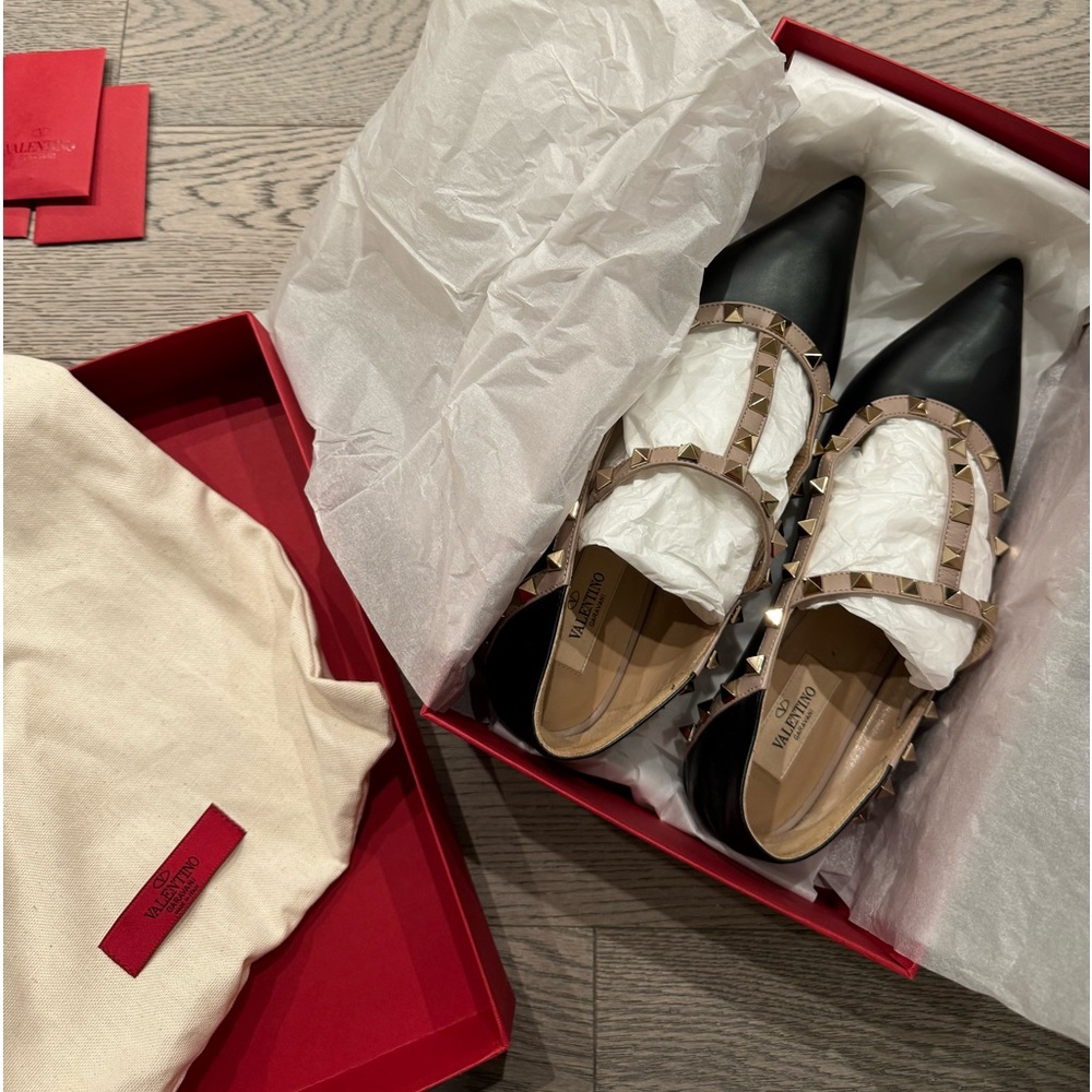 Valentino Garavani Black and Cream Flats with Gold Studs